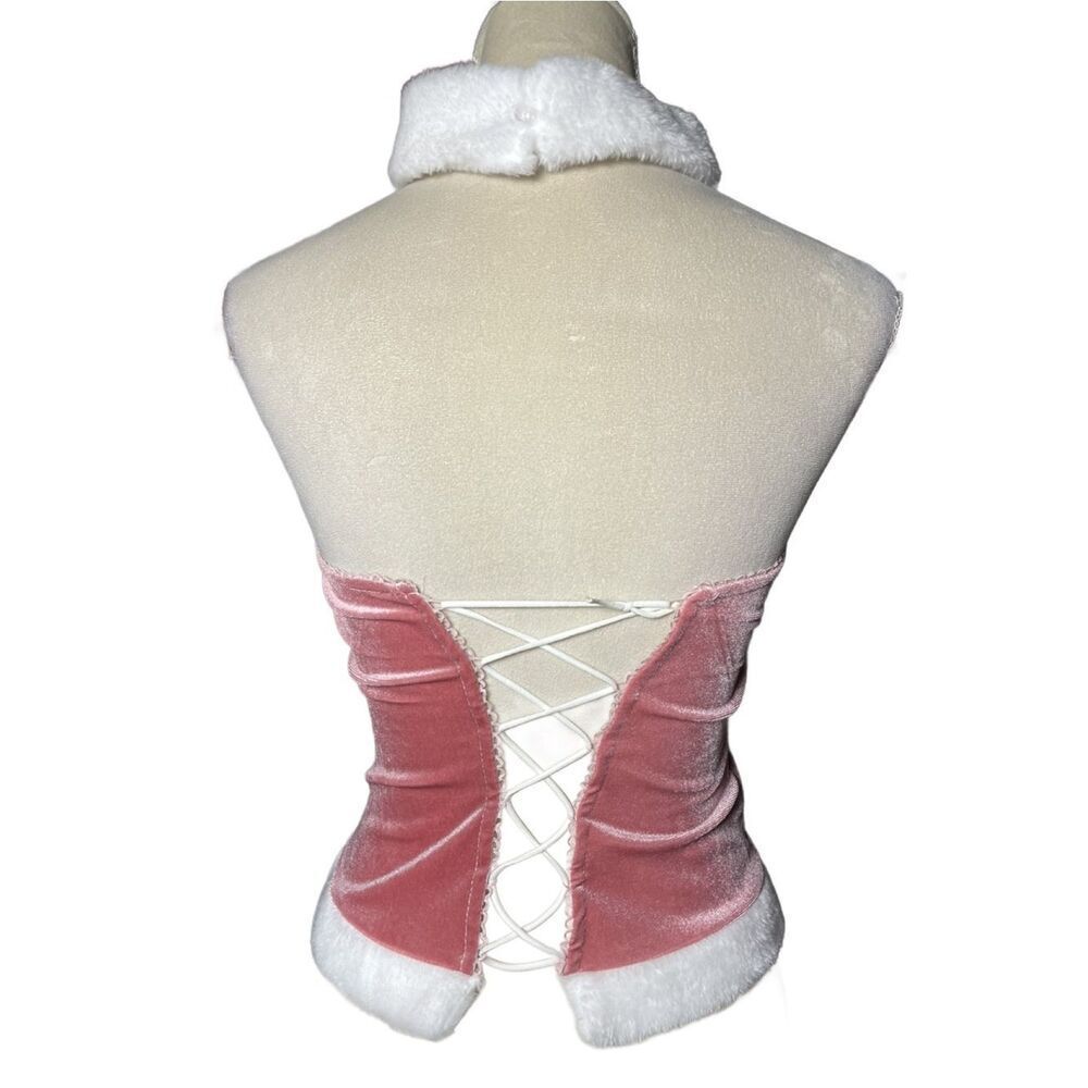 Pink Velvet Faux-Fur Trim Corset Bodice with Fluffy White Collar (Size: Large) - Picture 5 of 12